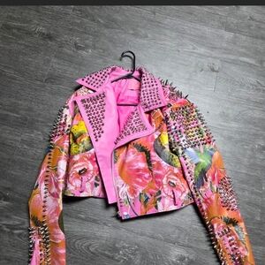 AKIRA Hot Pink Floral Studded Cropped Leather Jacket